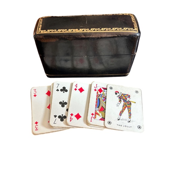 Vintage Wooden Dice & 3” Mini Playing Cards w/ Leather Case Game Set - Picture 2 of 6